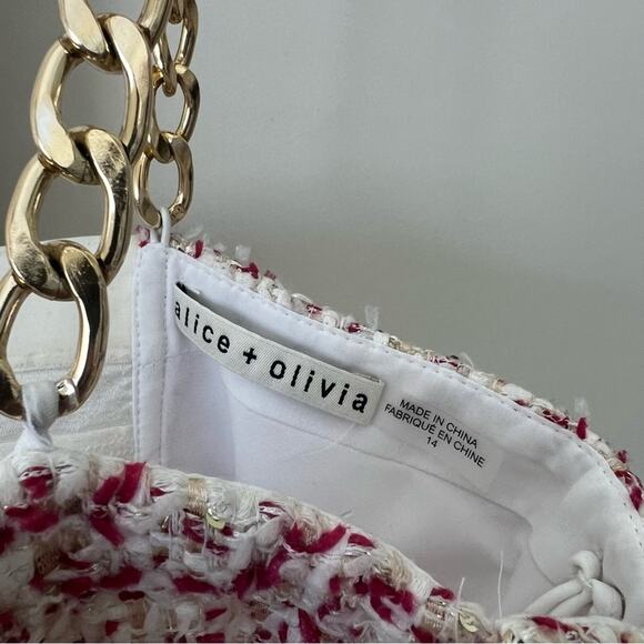 NEW Alice + Olivia Cristi Chain Tweed Crop Top Bustier Pink White US 14 $295 - Picture 9 of 12